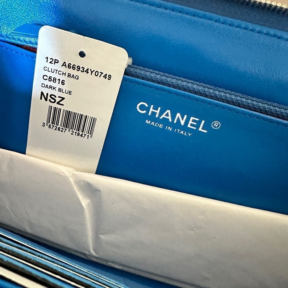 AUTHENTIC Chanel dark blue, lipstick, wristlet patent leather clutch with strap. - Picture 3 of 9